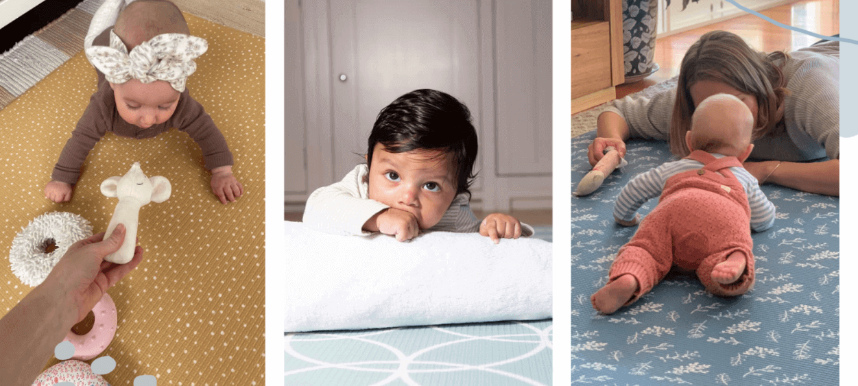 Babies doing tummy time on a munchkin and bear play mat 